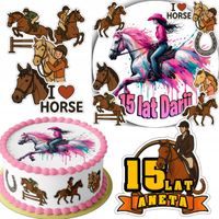 ZESTAW OPŁATEK NA TORT 20CM + 16 POSTACI - JAZDA KONNO KOŃ + IMIĘ 15CM 18CM
