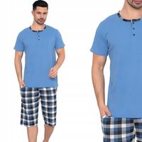 Klasyczna Bawełniana Piżama Męska NETi z Krótkim Rękawem Niebieska