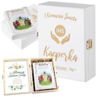 PAMIĄTKA KOMUNII ŚWIĘTEJ BIBLIA W PUDEŁKU PREZENT NA KOMUNIĘ UPOMINEK