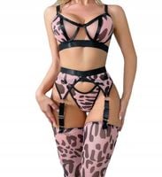 Seksowny KOMPLET Bielizny Damskiej Sexy PASY STANIK STRINGI MORO RÓŻOWY S