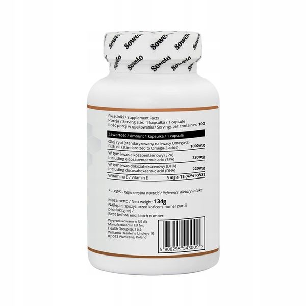 SOWELO Omega 3 1000mg 330 EPA 220 DHA Vit E 100k zdjęcie 2