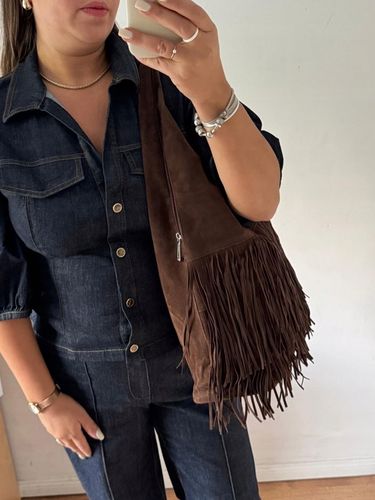 Torba Flora&Co torebka frędzle worek zamsz zamszowa eco brązowa czekoladowy na Arena.pl