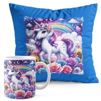 ZESTAW KUBEK + PODUSZKA NIEBIESKA - JEDNOROŻEC UNICORN KOŃ