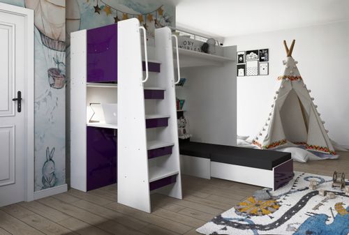 Łóżko piętrowe JSM7 90x200 z sofą i biurkiem fronty połysk fiolet na Arena.pl
