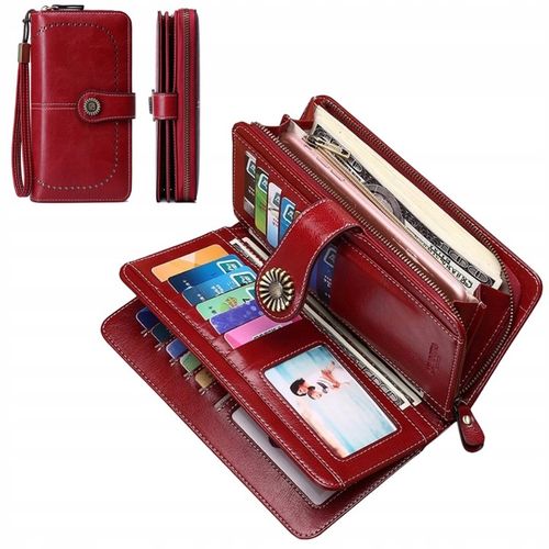 PORTFEL DAMSKI ELEGANCKI DUŻY POJEMNY NA KARTY RFID Z PASKIEM CZERWONY na Arena.pl