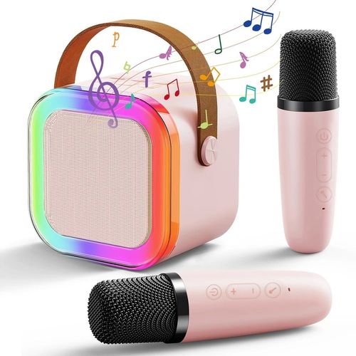 GŁOŚNIK PRZENOŚNY ZESTAW DO KARAOKE RGB BLUETOOTH 2 MIKROFONY USB JACK PINK na Arena.pl