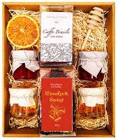 KOSZ PREZENTOWY NA PREZENT UPOMINEK ŚWIĄTECZNY MIÓD HERBATA KAWA ŚWIĘTA