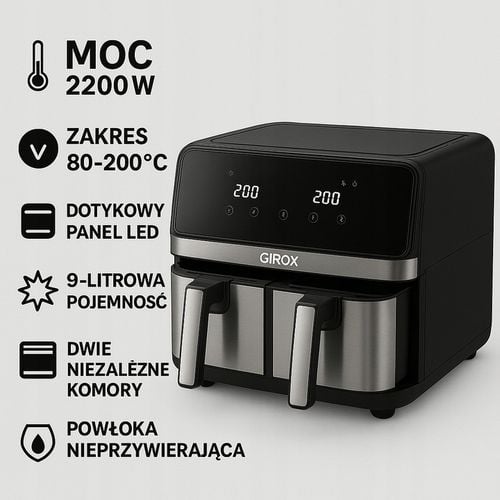 FRYTKOWNICA BEZTŁUSZCZOWA DWUKOMOROWA 9L AIR FRYER 2200W 10 PROGRAMÓW na Arena.pl