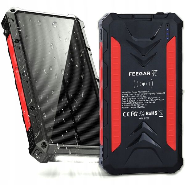 Power bank Solarny Feegar 36000mah 20W 4x USB-C QI  IP65 Latarka zdjęcie 12