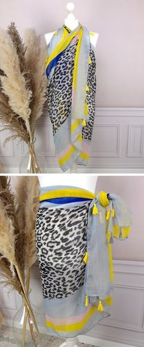 PAREO CHUSTA PLAŻOWA FRĘDZLE narzutka tunika SZAL W PANTERKĘ - modne KOLORY na Arena.pl