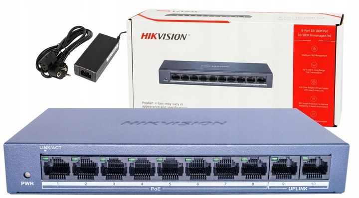 SWITCH PoE 8x PoE do kamer HIKVISION 60W 10/100Mb zdjęcie 1