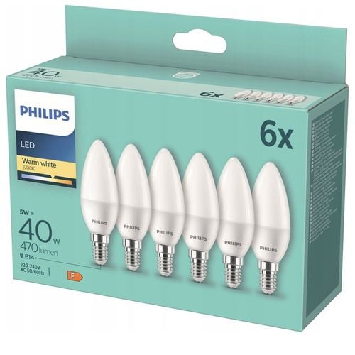 6x Żarówka LED PHILIPS świeczka E14 5W = 40W 470 lumenów barwa ciepła na Arena.pl