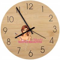 Bambusowy ZEGAR ścienny z nadrukiem UV PREZENT DLA MAKIJAŻYSTKI z imieniem