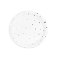 Papierowy talerz biały w srebrne gwiazdki 6szt 18cm