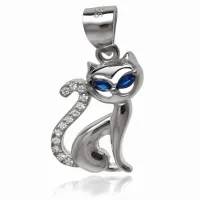 DELIKATNY RODOWANY SREBRNY WISIOREK SIEDZĄCY KOTEK KOT MRUCZEK CYRKONIE