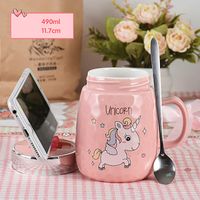 Kubek Ceramiczny Z Pokrywką i Łyżeczką - Idealny Do Szkoły - Biura - 500 ML Różowy Jednorożec 500ml