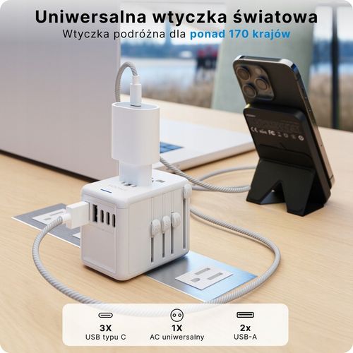 Adapter Podróżny VOOMY Y29 Z Ponad 170 Narodów - 2 Usb A 3 Usbc Biały na Arena.pl