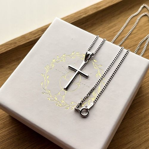 Srebrny krzyżyk z łańcuszkiem medalik komunijny łańcuszek z krzyżykiem na Arena.pl