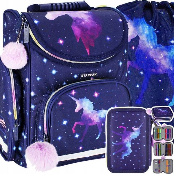 TORNISTER ERGONOMICZNY SZKOLNY DLA DZIEWCZYNKI JEDNOROŻCE PIÓRNIK WOREK zdjęcie 1