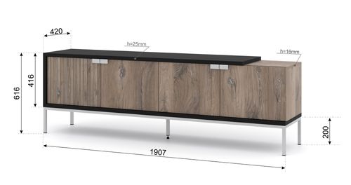 Szafka RTV TOLEDO 190 cm 4D dąb flagstaff / czarny mat + srebrna rama na Arena.pl