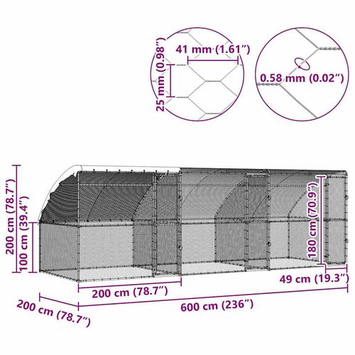 Klatka dla kur Srebrny 600 x 200 x 198.5 cm Stal galwanizowana na Arena.pl