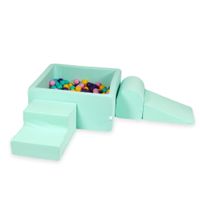 Piankowy plac zabaw z basenem kwadratowym 90x90x40 miętowy + 400 piłek (fioletowe, pudrowy róż, turkus, żółte)