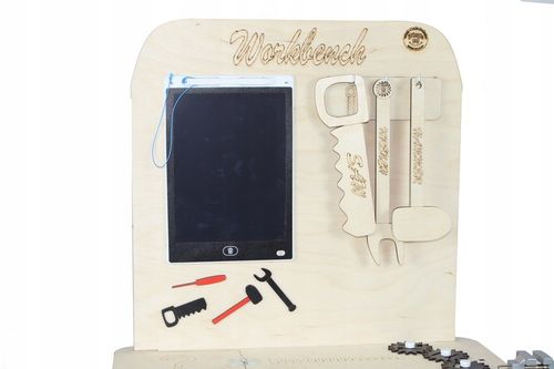 Drewniany warsztat majsterkowicza tablet kłódka imadło schowek piła POLSKI! na Arena.pl