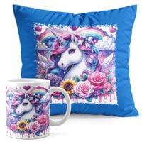 ZESTAW KUBEK + PODUSZKA NIEBIESKA - JEDNOROŻEC UNICORN KOŃ