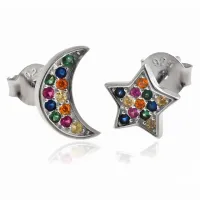 DELIKATNE RODOWANE SREBRNE ASYMETRYCZNE KOLCZYKI GWIAZDKA KSIĘŻYC CYRKONIE