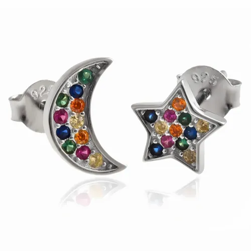 DELIKATNE RODOWANE SREBRNE ASYMETRYCZNE KOLCZYKI GWIAZDKA KSIĘŻYC CYRKONIE na Arena.pl