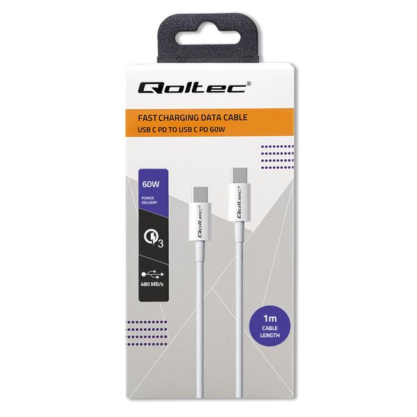 Qoltec Kabel USB 2.0 typ C USB 2.0 typ C 60W QC 3.0 PD 1m Biały zdjęcie 9
