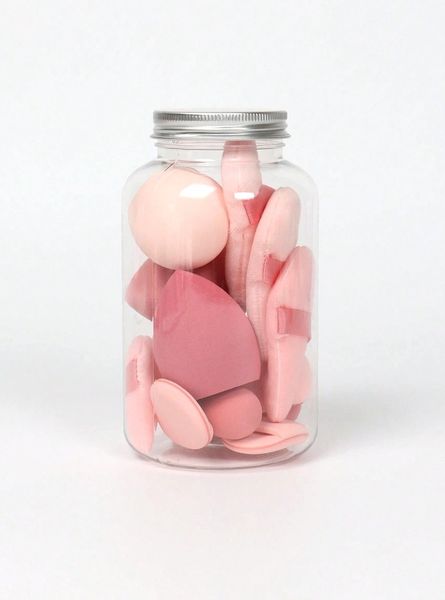 Zestaw różowych gąbek do makijażu w słoiczku blender i puszki do pudru zdjęcie 1