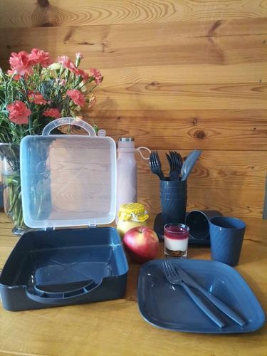 ZESTAW PIKNIKOWY 32 ELEMENTY KUBKI SZTUĆCE POJEMNIK PRZENOŚNY na Arena.pl