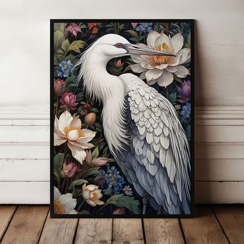 Plakat biały ptak w kwiatach w ramie 21x30 cm w czarnej ramie na Arena.pl