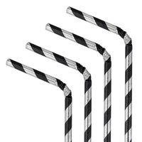 Słomki papierowe w paski czarno srebrne, 10 szt.