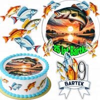 ZESTAW OPŁATEK NA TORT 20CM + 16 POSTACI - WĘDKARSKIE RYBAK +IMIĘ 15CM 18CM