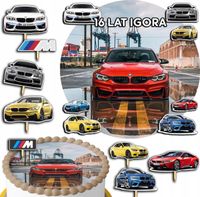 ZESTAW OPŁATEK NA TORT 20CM + TOPPERY PAPIEROWE - BMW AUTA 15CM 18CM