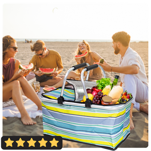 Kosz Piknikowy Termiczny Na Zakupy Duży 30 Litrów Składany Niebieskie Paski na Arena.pl
