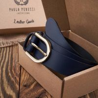 pasek damski skórzany granatowy 100 cm ze złotą klamrą paolo peruzzi