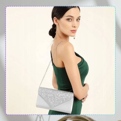 Srebrna Torebka Kopertówka Błyszcząca Wizytowa Damska portfel łańcuszek na Arena.pl