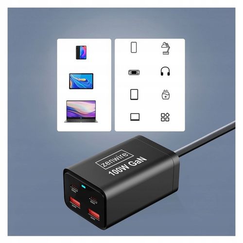 Ładowarka Sieciowa Zasilacz 100W Kostka GaN 3 Kabel AC 2x USB-C 65W 2x USB na Arena.pl