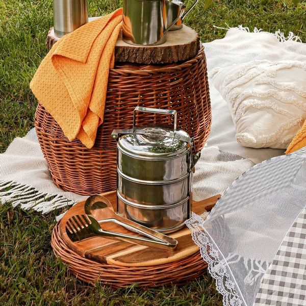 TURYSTYCZNA MENAŻKA OBIADOWA na biwak piknik STALOWY POJEMNIK NA 3 obiady zdjęcie 2