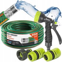 WĄŻ OGRODOWY GUMOWY 1/2" 50m 4 WARSTWY + ZESTAW PISTOLET ZŁĄCZKI BRADAS