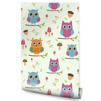 Tapeta Dla Dziewczynki Kolorowe SÓWKI Liście Ptaki