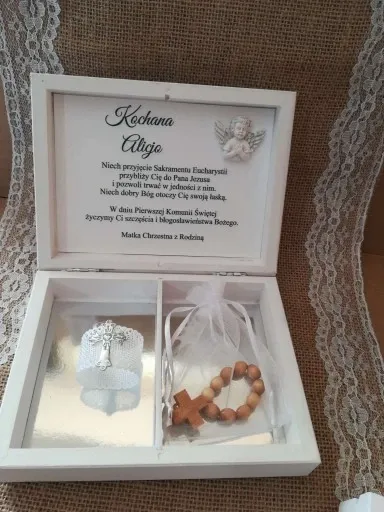 Pudełko na pieniądze prezent Pamiątka I Komunii chrzestnej dziadków aniołek zdjęcie 9