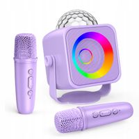 Fioletowa mini maszyna karaoke, zestaw dyskotekowy z dwoma mikrofonami