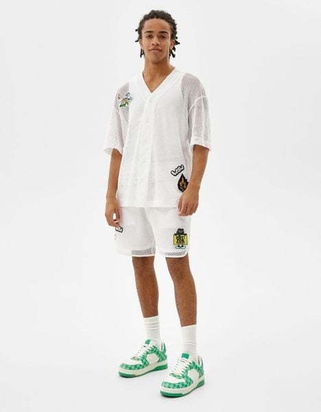 G56H03 KOSZULA BIAŁA NASZYWKI SIATECZKA BERSHKA M zdjęcie 1