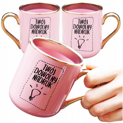 kubek różowy ze złotym uchem i rantem z TWOIM DOWOLNYM NADRUKIEM kreator na Arena.pl