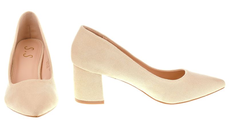 Czółenka zamszowe na słupku 6 cm. szpic beżowe Rozmiar obuwia - 39 zdjęcie 4