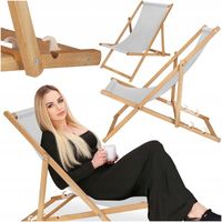 LEŻAK DREWNIANY OGRODOWY PLAŻOWY SKŁADANY SZARY TKANINA LEŻAKI PLAŻOWE